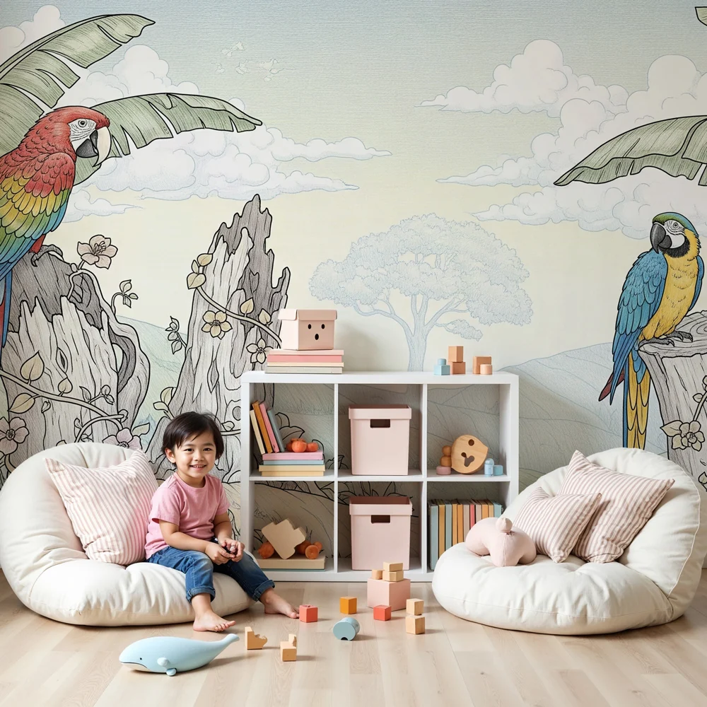 Kinderzimmer Tapete | Bunte Papageien mitten der Natur