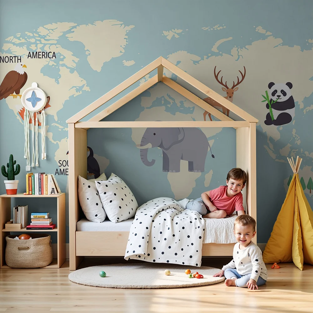 Kinderzimmer Tapete | Bunte Weltkarte mit niedlichen Tieren