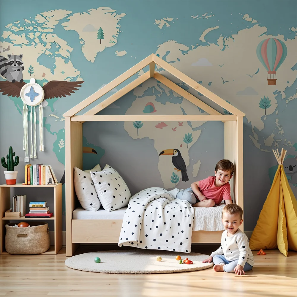 Kinderzimmer Tapete | Bunte Weltkarte mit Tieren und Heißluftballon