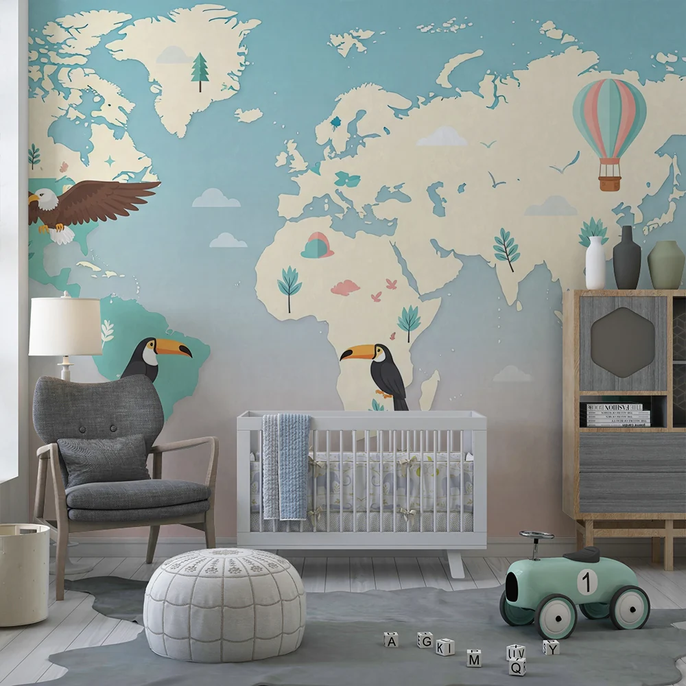 Kinderzimmer Tapete | Bunte Weltkarte mit Tieren und Heißluftballon