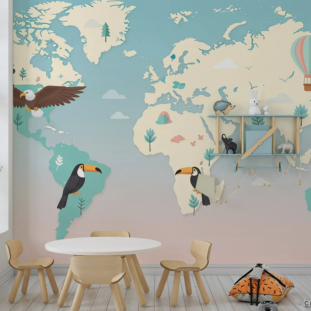 Kinderzimmer Tapete | Bunte Weltkarte mit Tieren und Heißluftballon