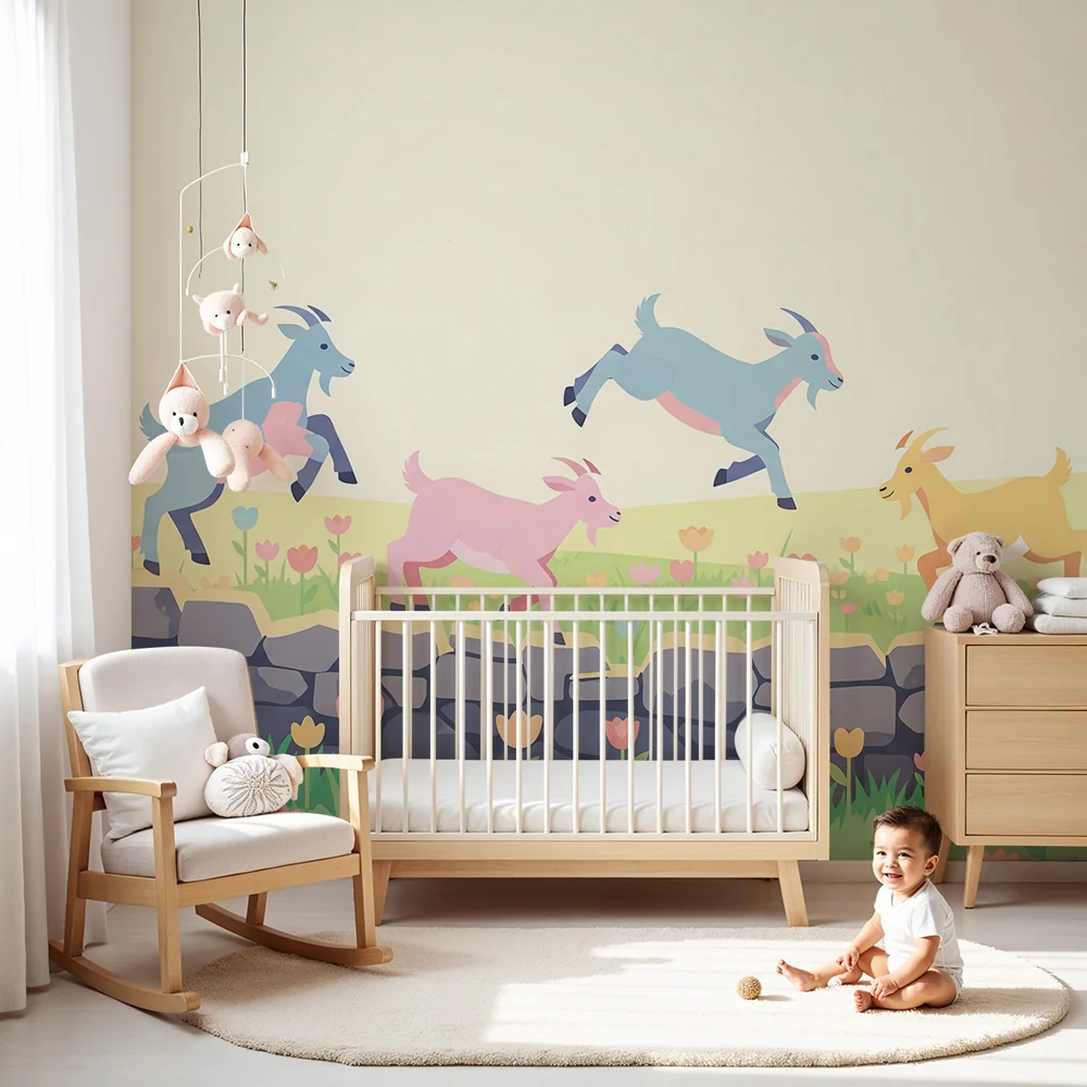 Kinderzimmer Tapete | Bunte Ziegen springen über eine blumige Mauer
