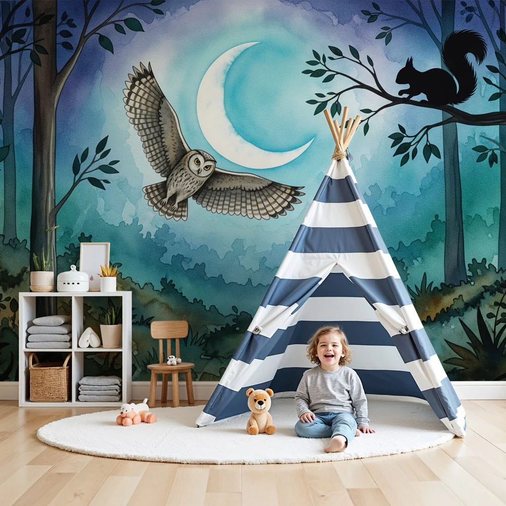 Kinderzimmer Tapete | Die nächtliche Welt mit Eule und Eichhörnchen
