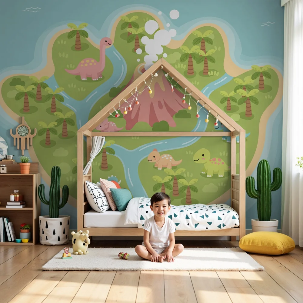 Kinderzimmer Tapete | Dinosaurierinsel und ausbrechender Vulkan