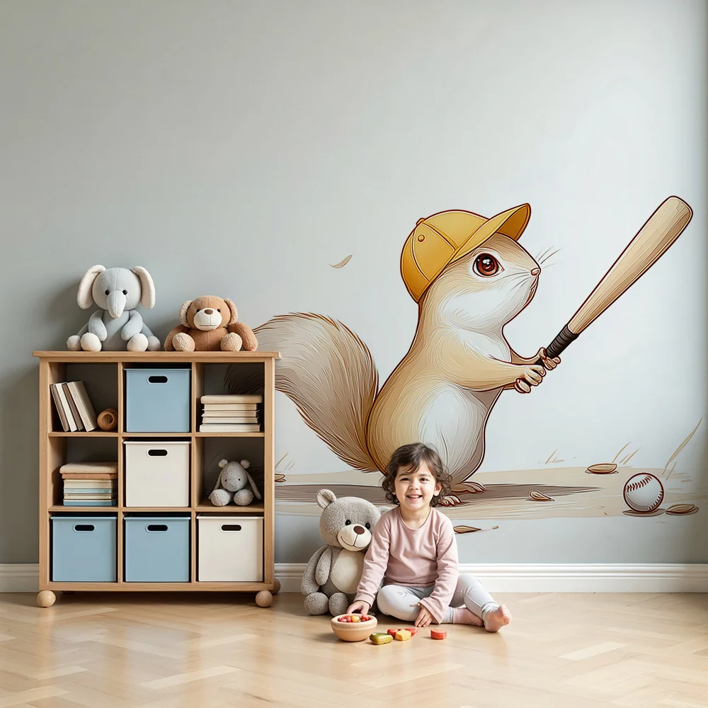Kinderzimmer Tapete | Eichhörnchen Baseballspieler mit Schläger und Bällen
