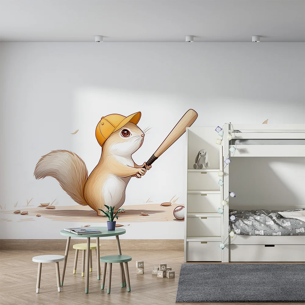 Kinderzimmer Tapete | Eichhörnchen Baseballspieler mit Schläger und Bällen