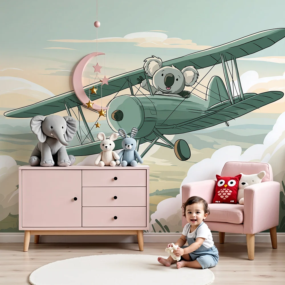 Kinderzimmer Tapete | Ein Koala fliegt ein Flugzeug den Wolken