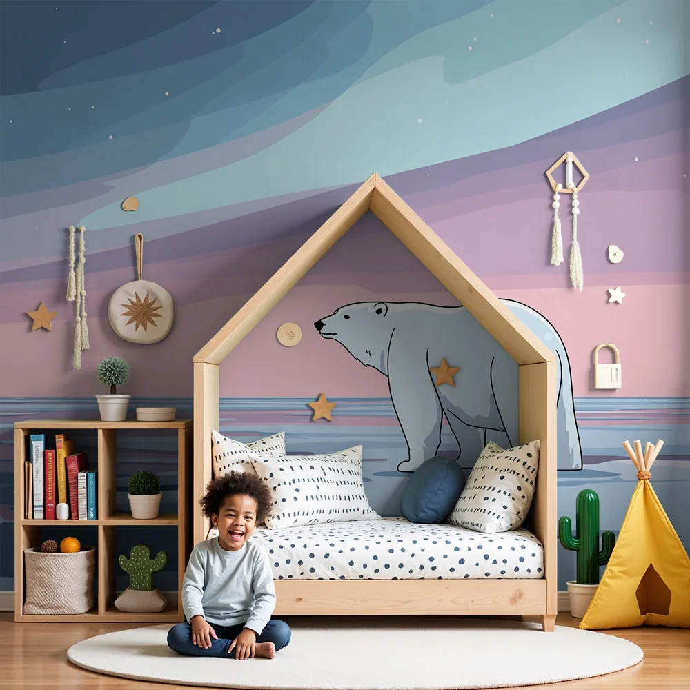 Kinderzimmer Tapete | Eisbär unter dem Nordlicht