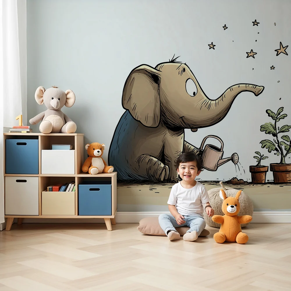 Kinderzimmer Tapete | Elefant Gärtner gießt Pflanzen unter den Sternen