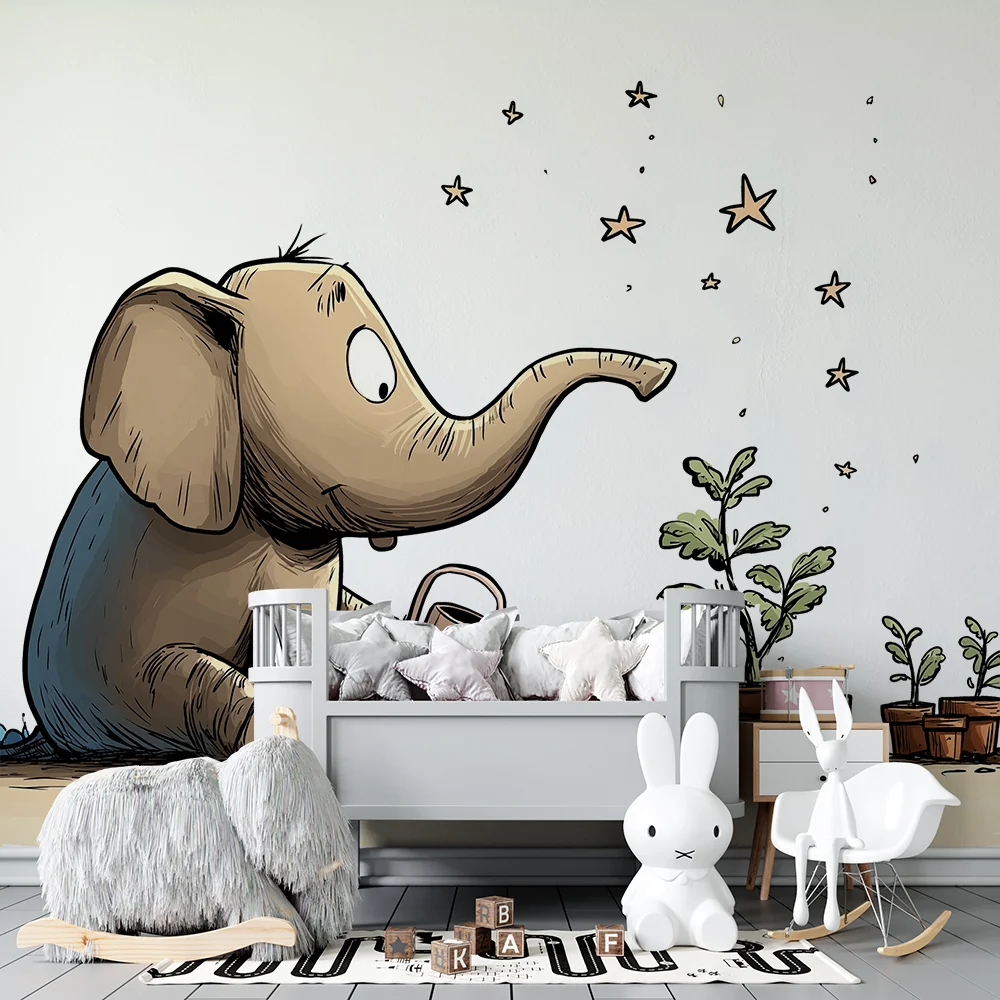 Kinderzimmer Tapete | Elefant Gärtner gießt Pflanzen unter den Sternen