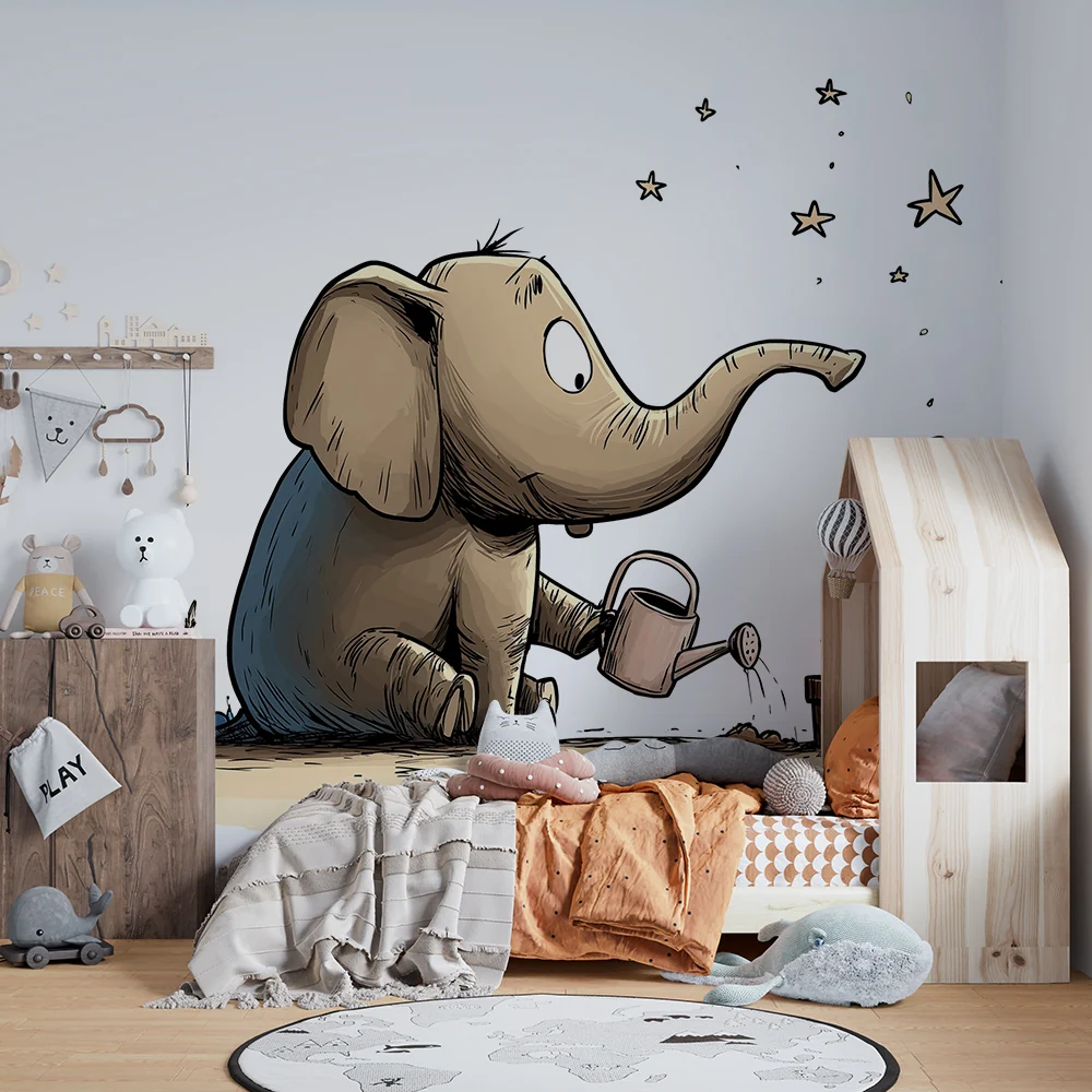 Kinderzimmer Tapete | Elefant Gärtner gießt Pflanzen unter den Sternen