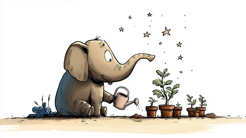 Kinderzimmer Tapete | Elefant Gärtner gießt Pflanzen unter den Sternen