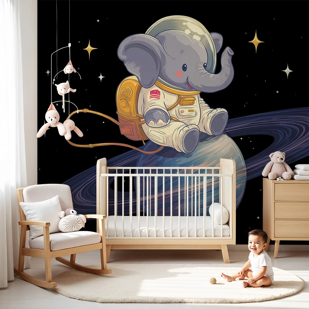 Kinderzimmer Tapete | Elefant-Astronaut, der den Weltraum erkundet