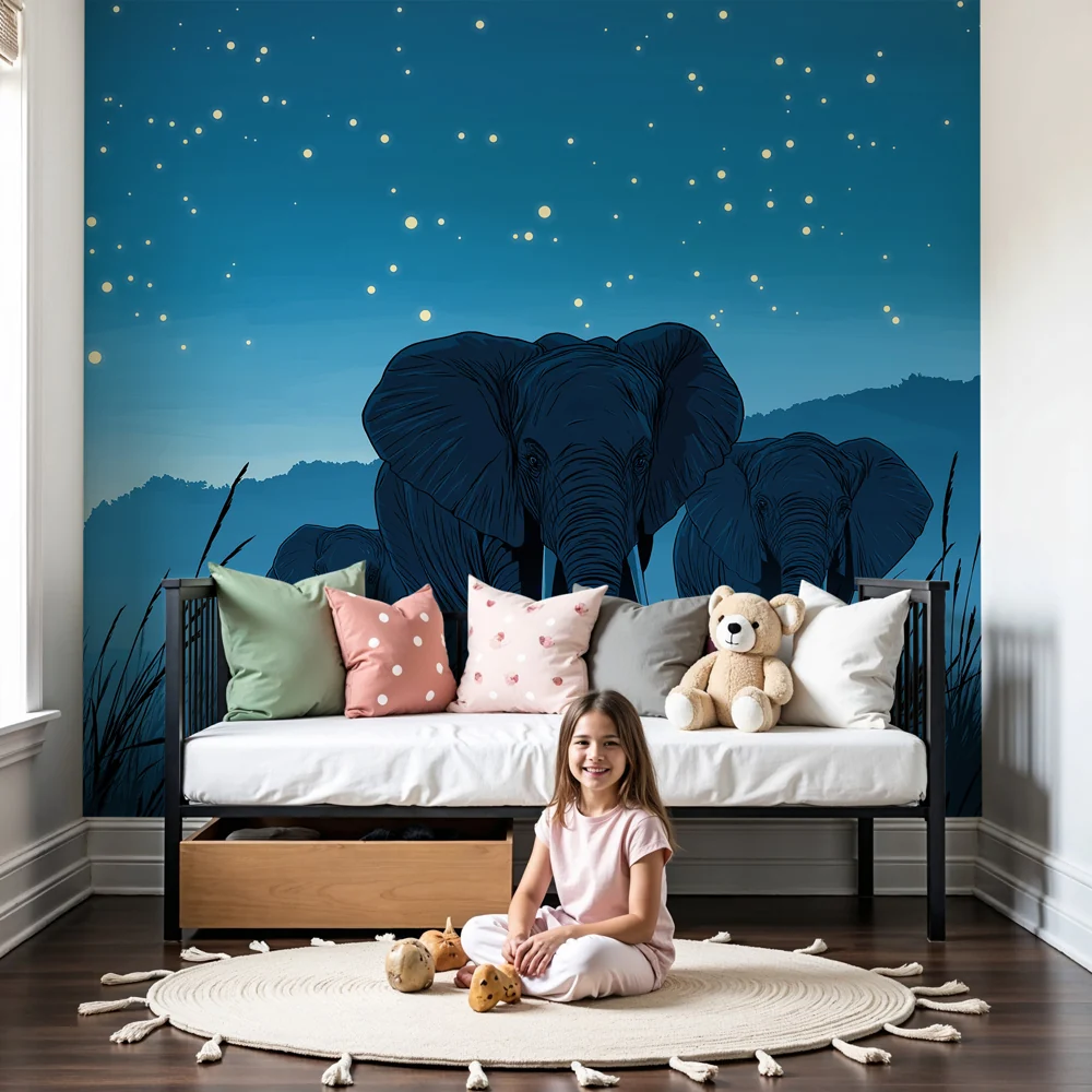 Kinderzimmer Tapete | Elegante Elefanten unter den Sternen