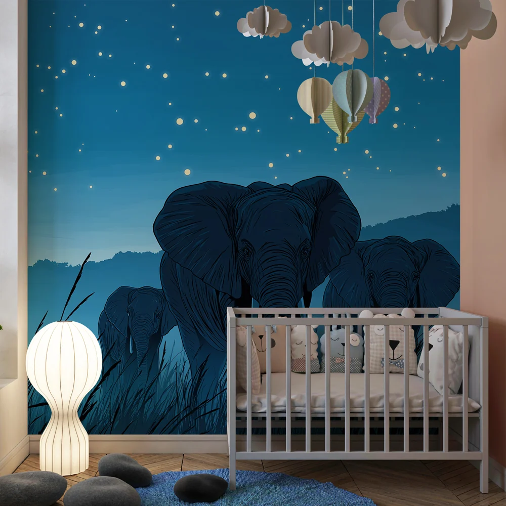 Kinderzimmer Tapete | Elegante Elefanten unter den Sternen