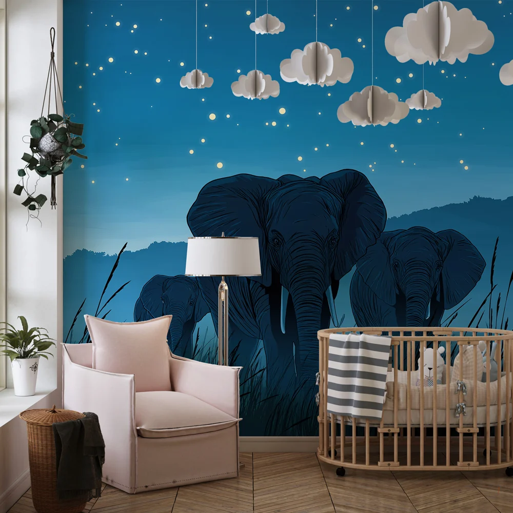 Kinderzimmer Tapete | Elegante Elefanten unter den Sternen
