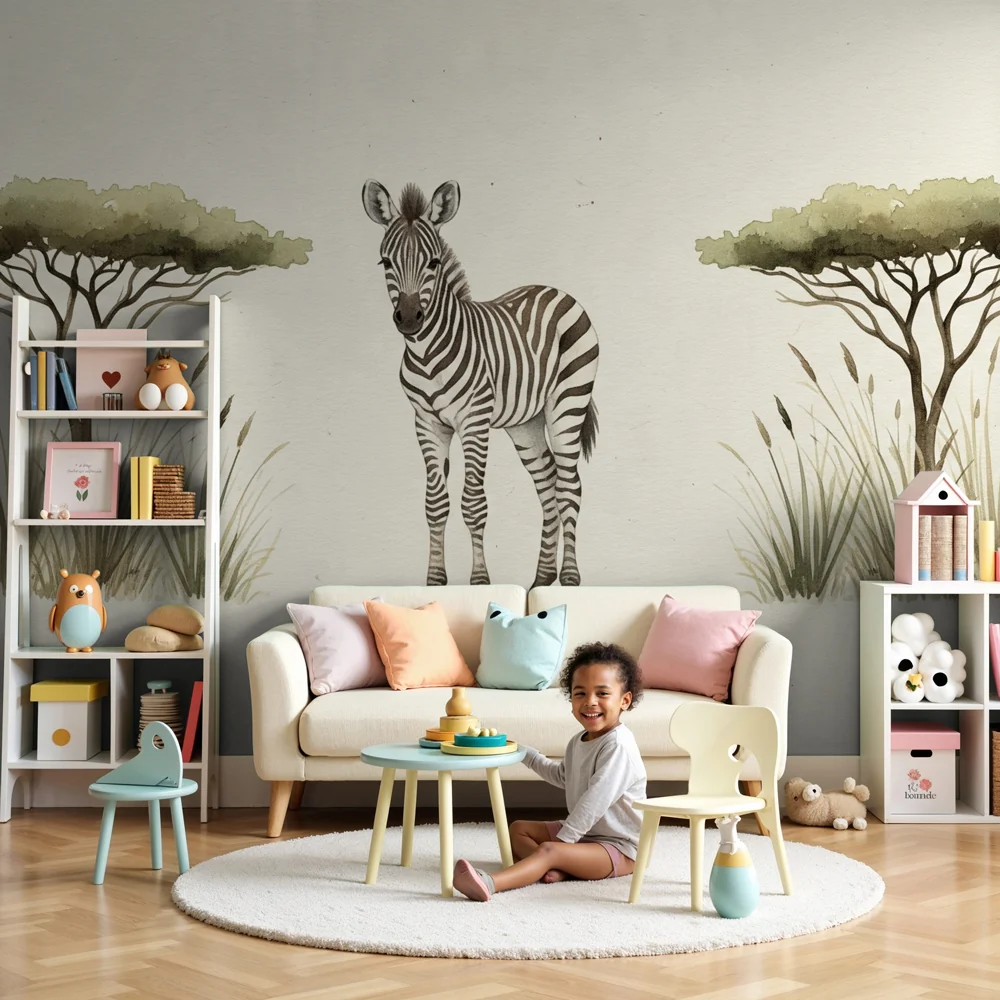 Kinderzimmer Tapete | Elegante Giraffe und Landschaften Afrikas