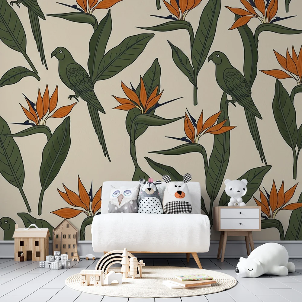 Kinderzimmer Tapete | Exotische Vögel und bunte Blumen auf hellem Hintergrund