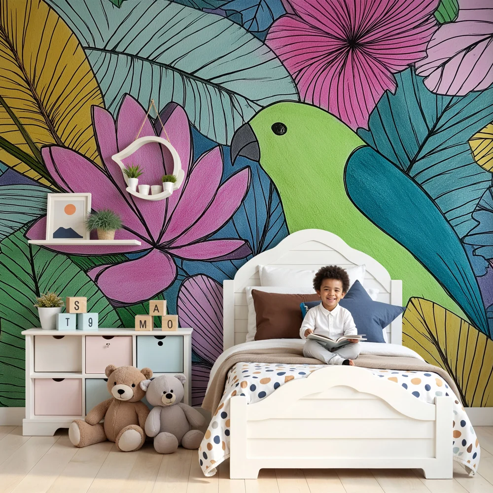 Kinderzimmer Tapete | Exotische Vögel und bunte Blätter