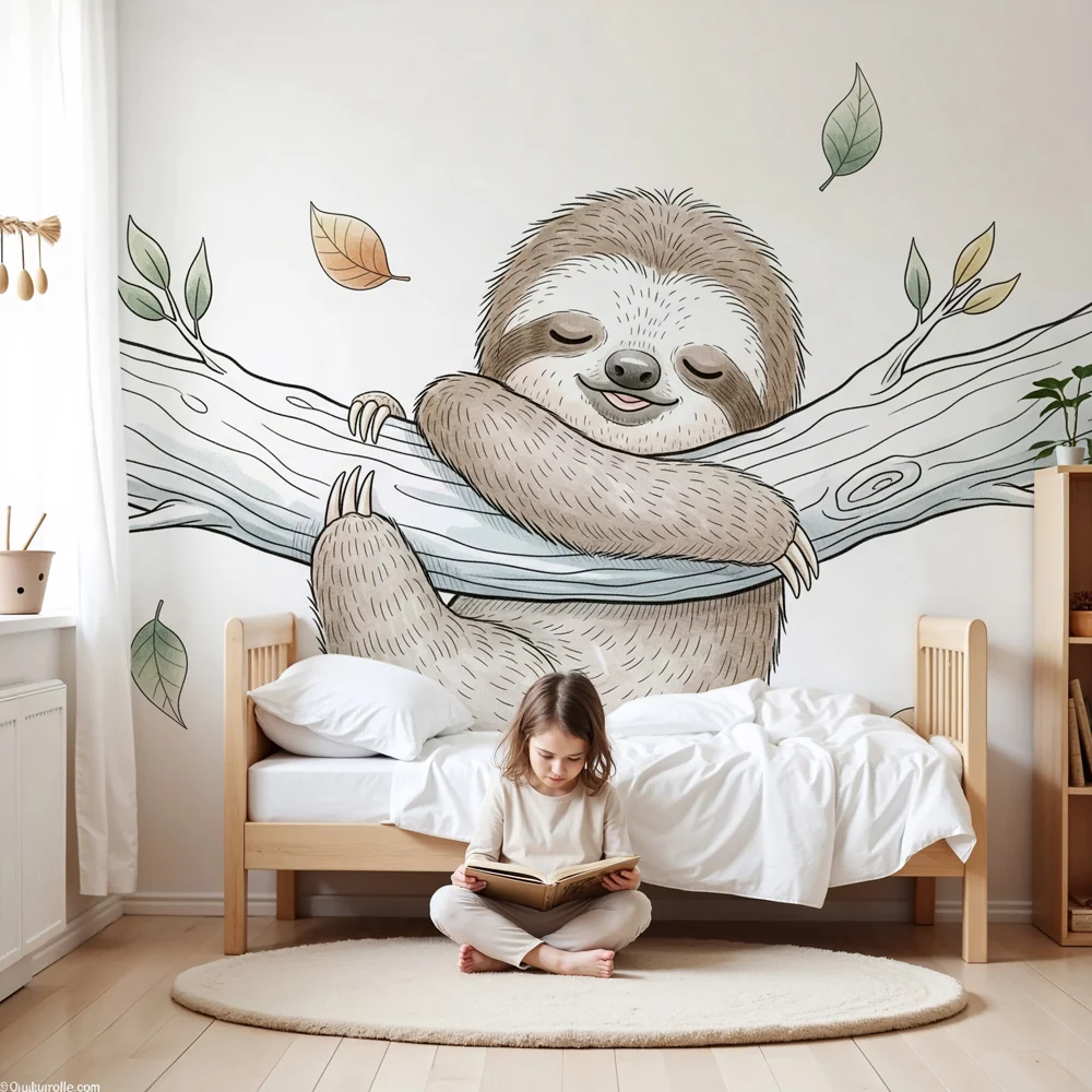 Kinderzimmer Tapete | Fauler schlafender Faultier auf einem Ast
