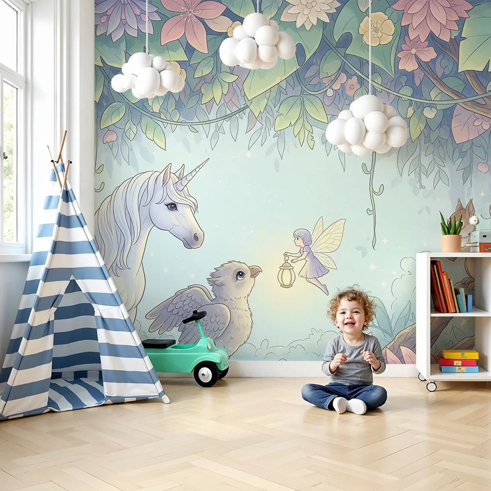 Kinderzimmer Tapete | Feenhafter Universum mit Einhörnern, Feen und Waldtieren