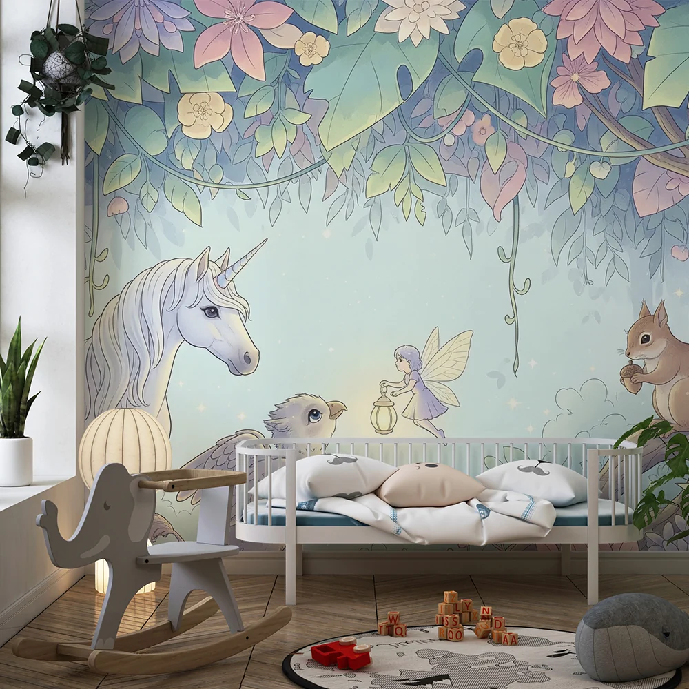 Kinderzimmer Tapete | Feenhafter Universum mit Einhörnern, Feen und Waldtieren