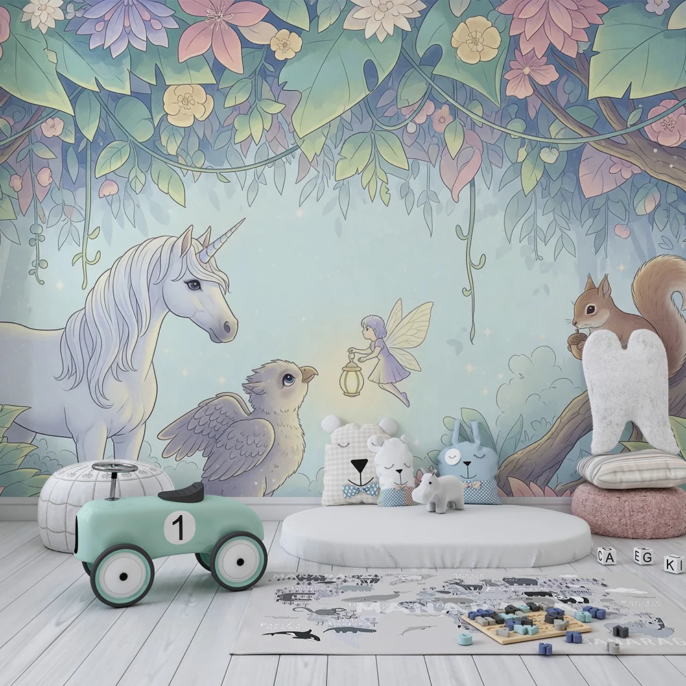 Kinderzimmer Tapete | Feenhafter Universum mit Einhörnern, Feen und Waldtieren