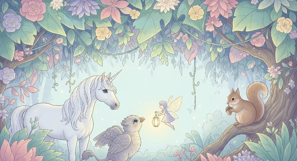 Kinderzimmer Tapete | Feenhafter Universum mit Einhörnern, Feen und Waldtieren