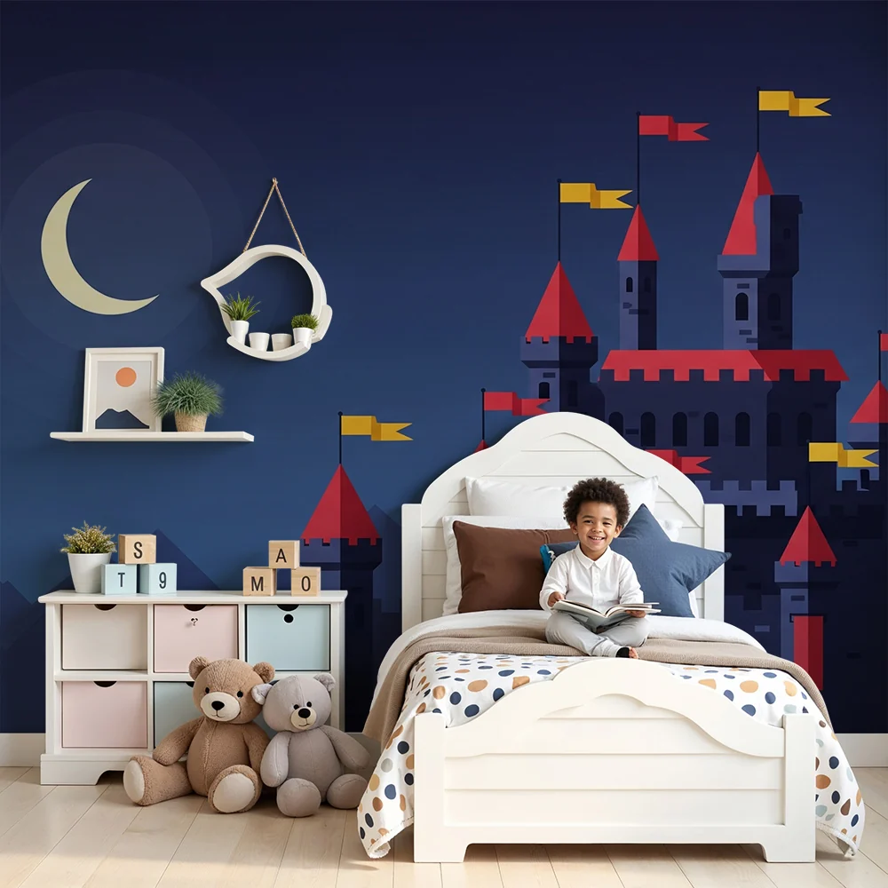 Kinderzimmer Tapete | Feenhaftes Schloss unter dem Mond mit Bergen