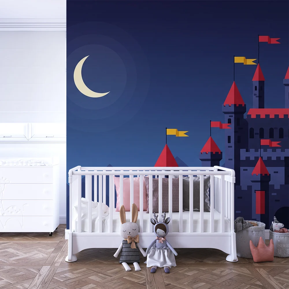 Kinderzimmer Tapete | Feenhaftes Schloss unter dem Mond mit Bergen