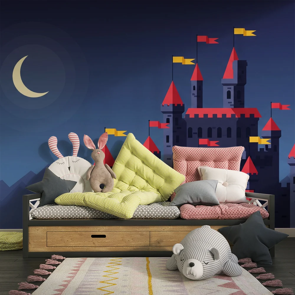 Kinderzimmer Tapete | Feenhaftes Schloss unter dem Mond mit Bergen