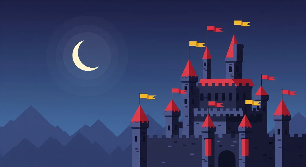 Kinderzimmer Tapete | Feenhaftes Schloss unter dem Mond mit Bergen