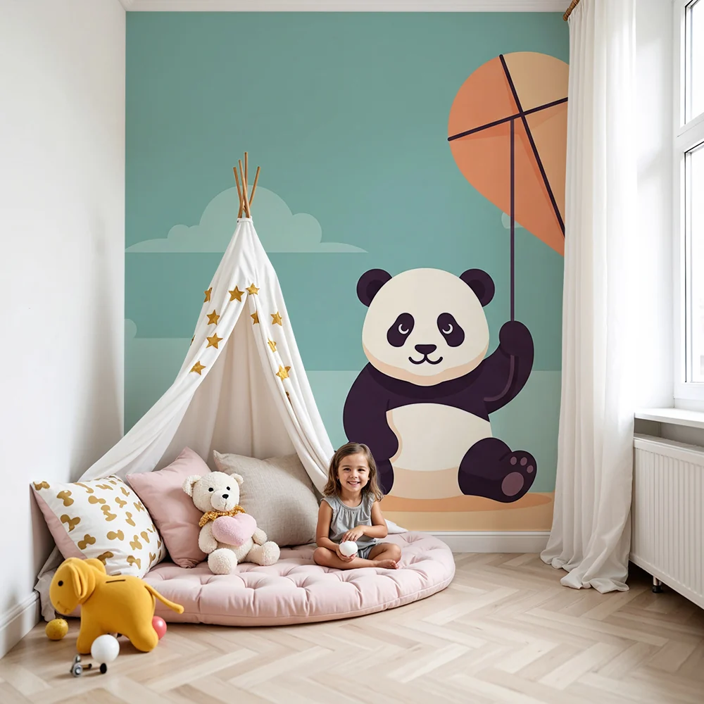 Kinderzimmer Tapete | Fröhlicher Panda und Drachen im Himmel