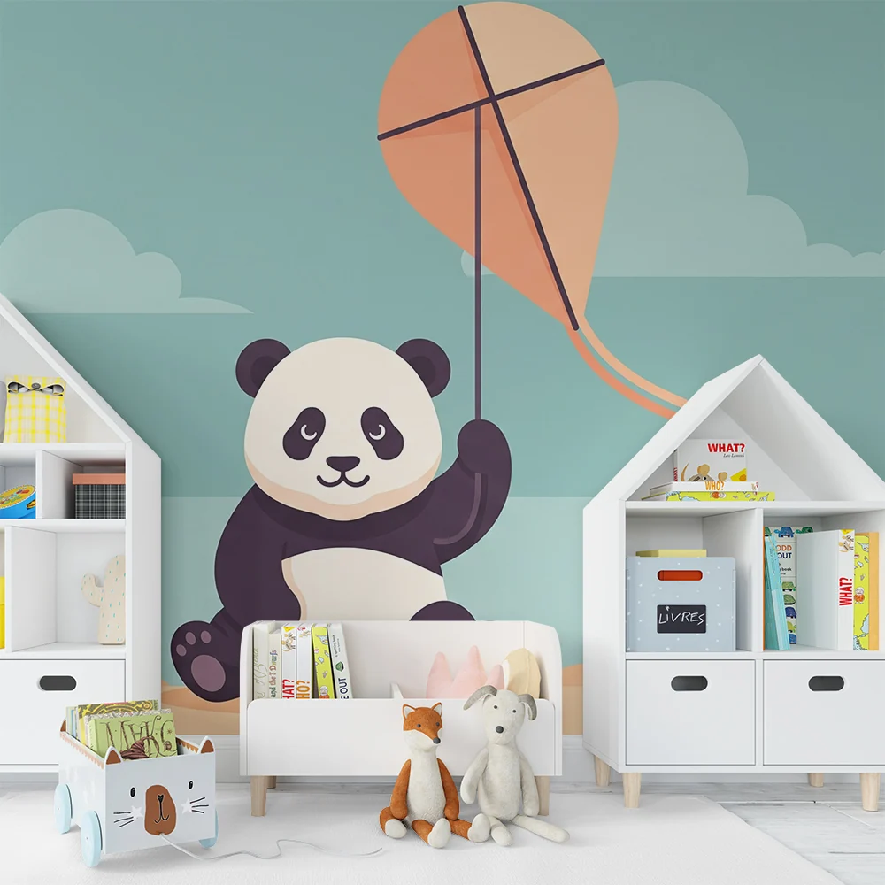 Kinderzimmer Tapete | Fröhlicher Panda und Drachen im Himmel