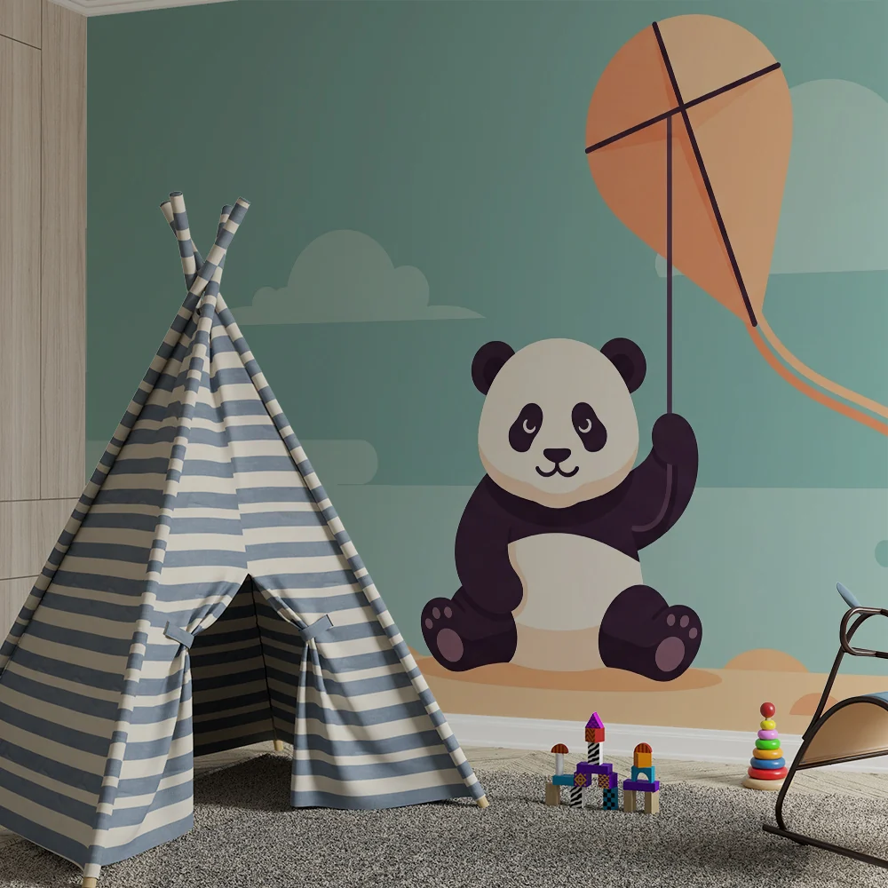 Kinderzimmer Tapete | Fröhlicher Panda und Drachen im Himmel