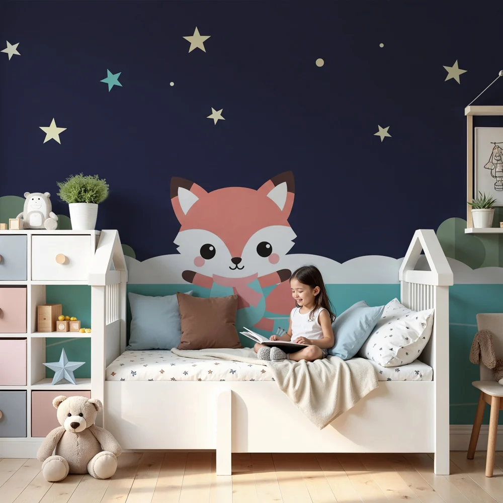 Kinderzimmer Tapete | Fuchs Schlittschuhläufer unter den Sternen