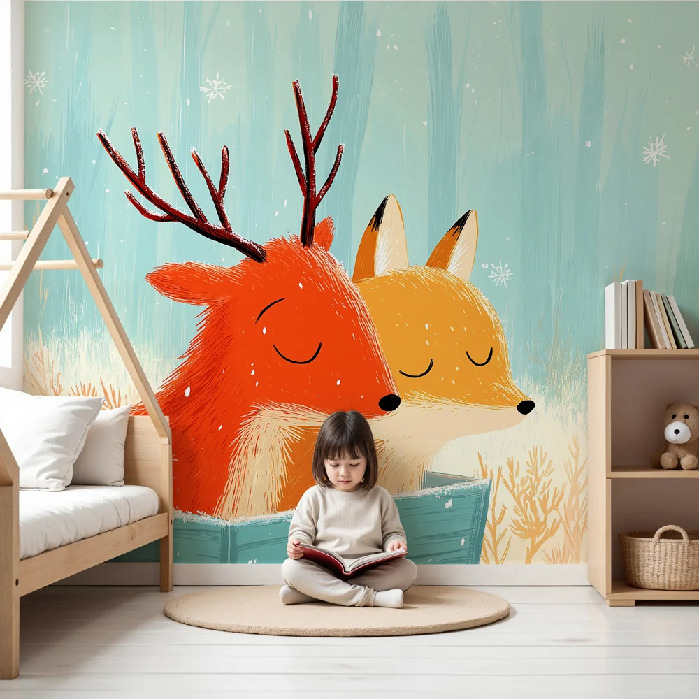 Kinderzimmer Tapete | Fuchs und Hirsch einer winterlichen Landschaft
