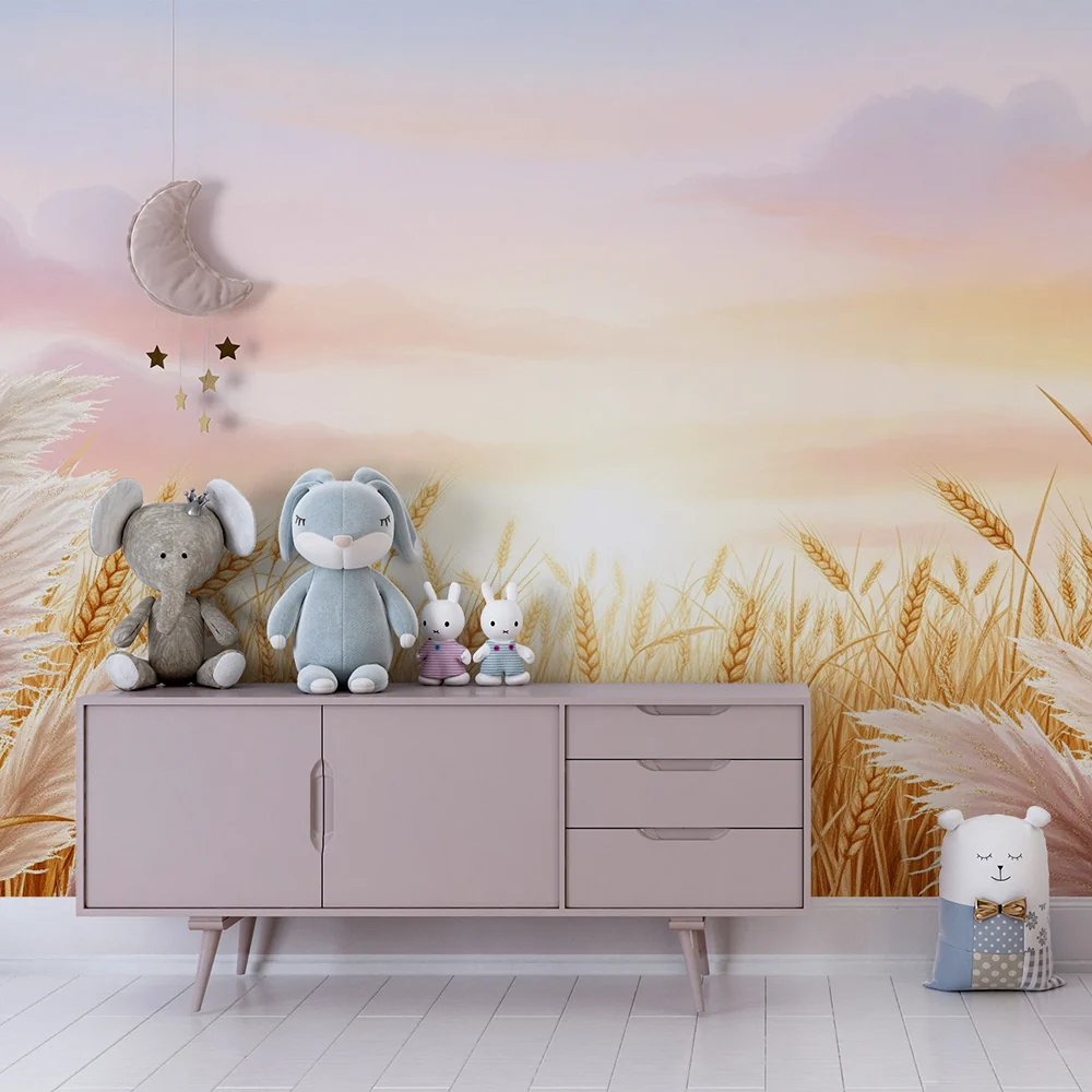 Kinderzimmer Tapete | Goldenes Weizenfeld unter einem Pastellhimmel
