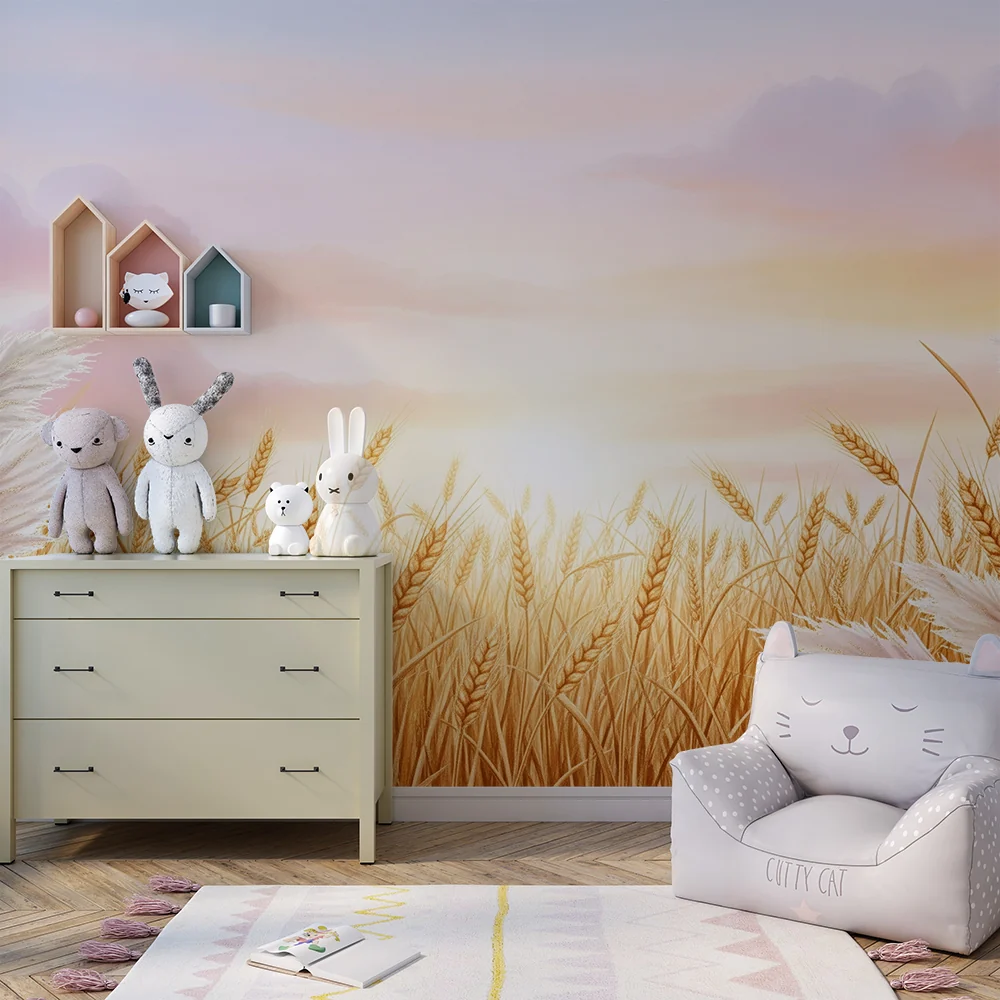 Kinderzimmer Tapete | Goldenes Weizenfeld unter einem Pastellhimmel