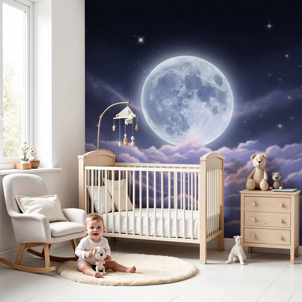 Kinderzimmer Tapete | Heller Mond über den sternenklaren Wolken