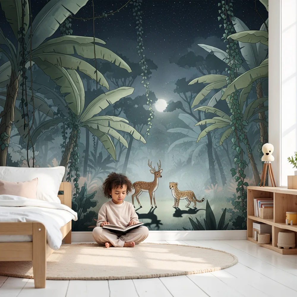 Kinderzimmer Tapete | Hirsch und Leopard unter dem Mond