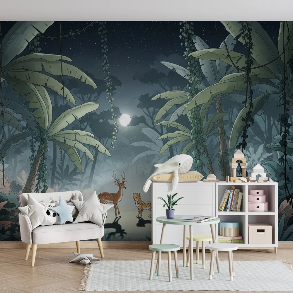 Kinderzimmer Tapete | Hirsch und Leopard unter dem Mond