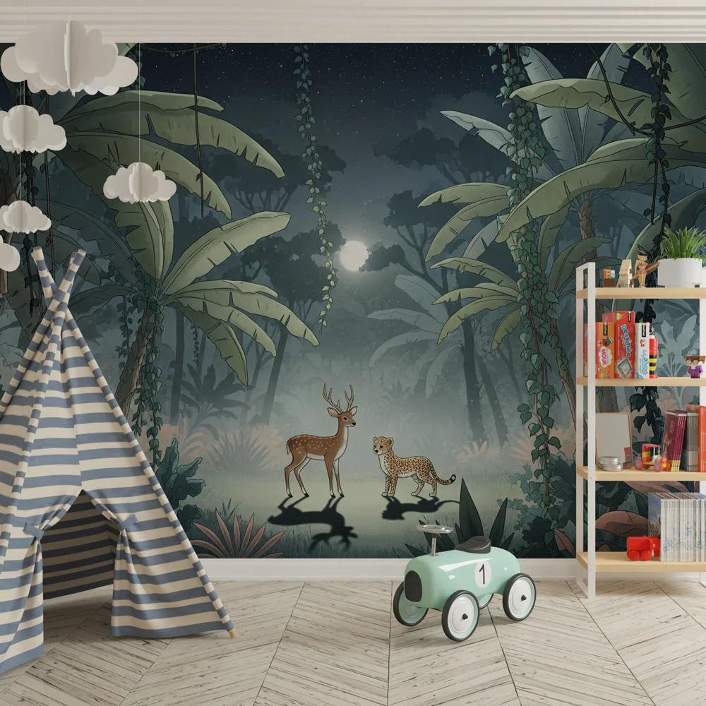 Kinderzimmer Tapete | Hirsch und Leopard unter dem Mond