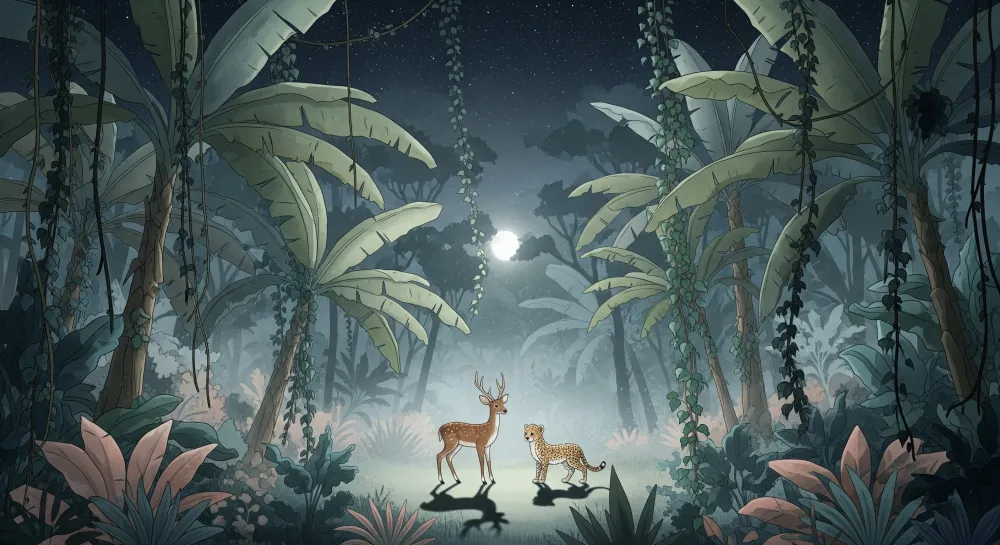 Kinderzimmer Tapete | Hirsch und Leopard unter dem Mond