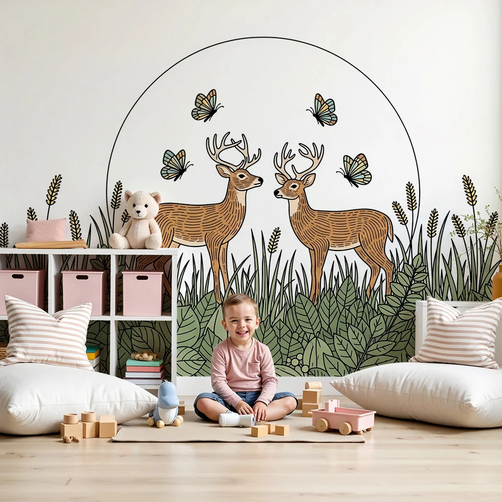 Kinderzimmer Tapete | Hirsche auf einer blühenden Wiese mit bunten Schmetterlingen