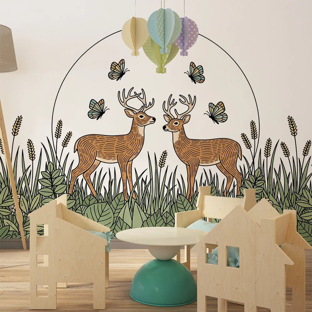 Kinderzimmer Tapete | Hirsche auf einer blühenden Wiese mit bunten Schmetterlingen