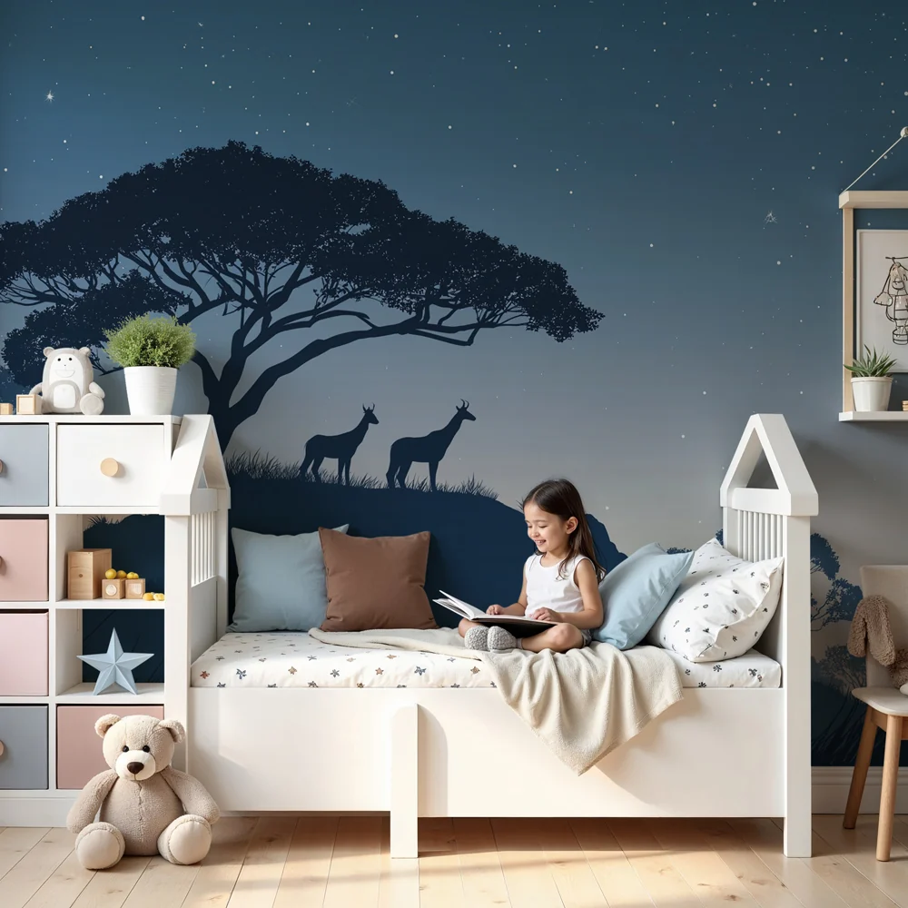 Kinderzimmer Tapete | Hirschsilhouetten unter den Sternen