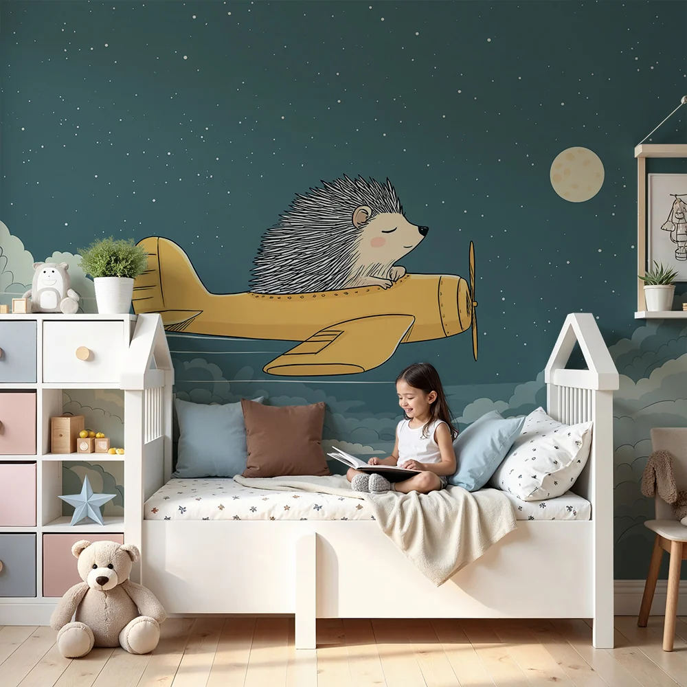 Kinderzimmer Tapete | Igel als Pilot im Sternenhimmel