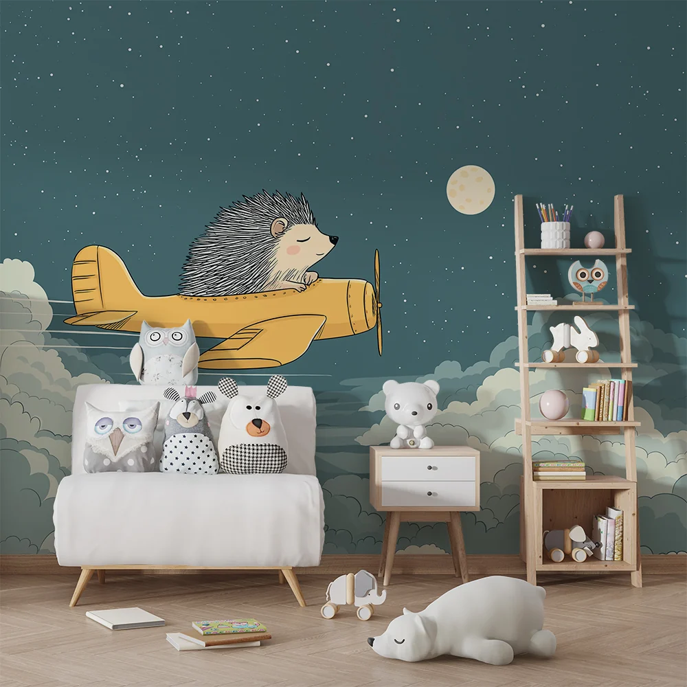 Kinderzimmer Tapete | Igel als Pilot im Sternenhimmel