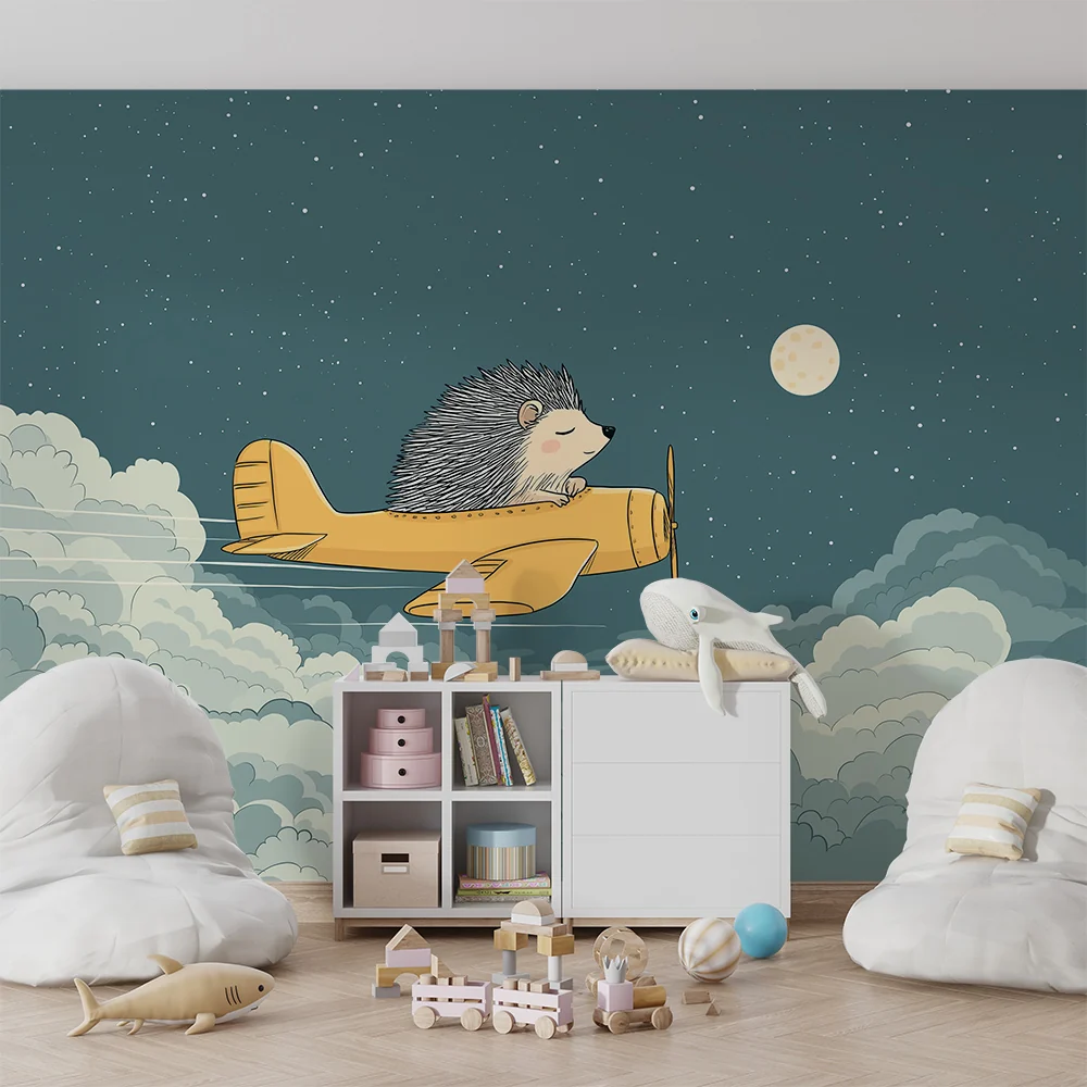 Kinderzimmer Tapete | Igel als Pilot im Sternenhimmel